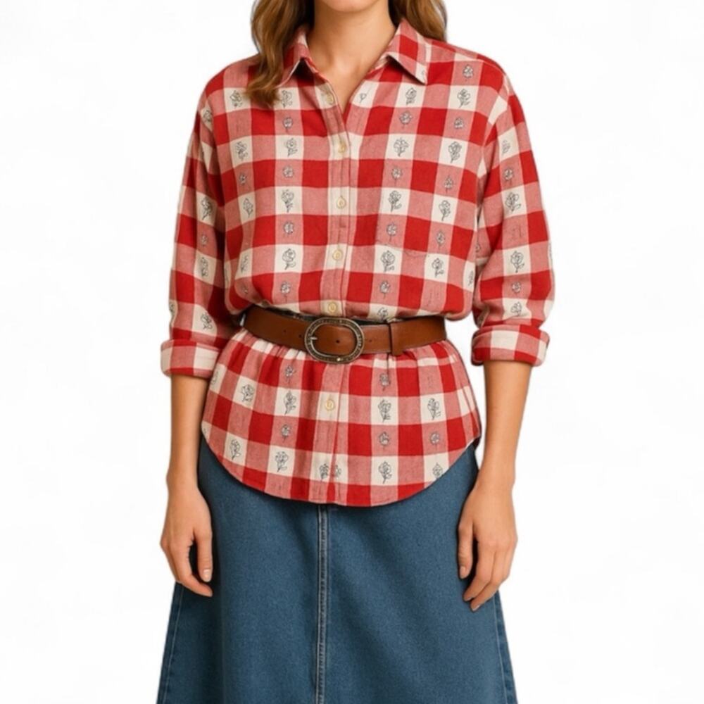Vintage Company One Plaid Western Floral 100% Cotton Button Front Roll Tab Med